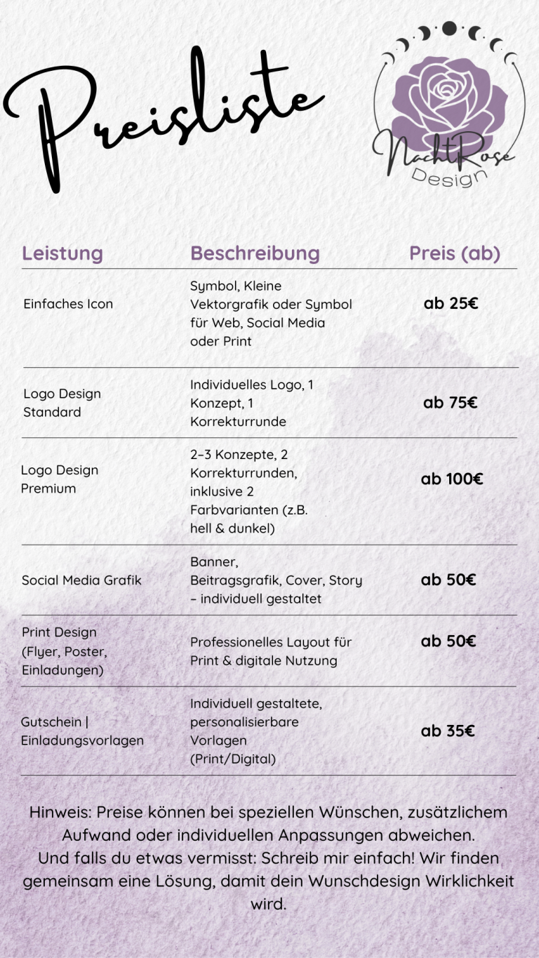 Preisliste für verschiedene Dienstleistungen mit Preisen und kurzen Beschreibungen.