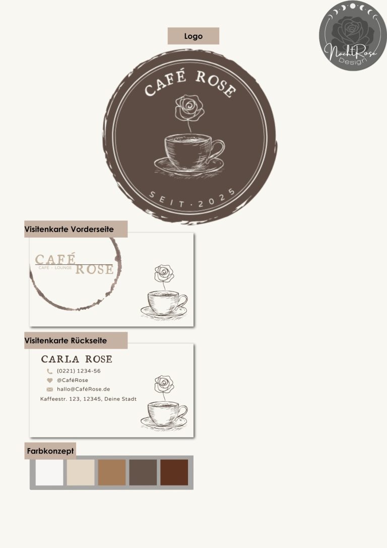 Fantasy Marke - Branding Logo und Farbpalette für Café Bar, mit Kaffeetasse und elegantem Design.