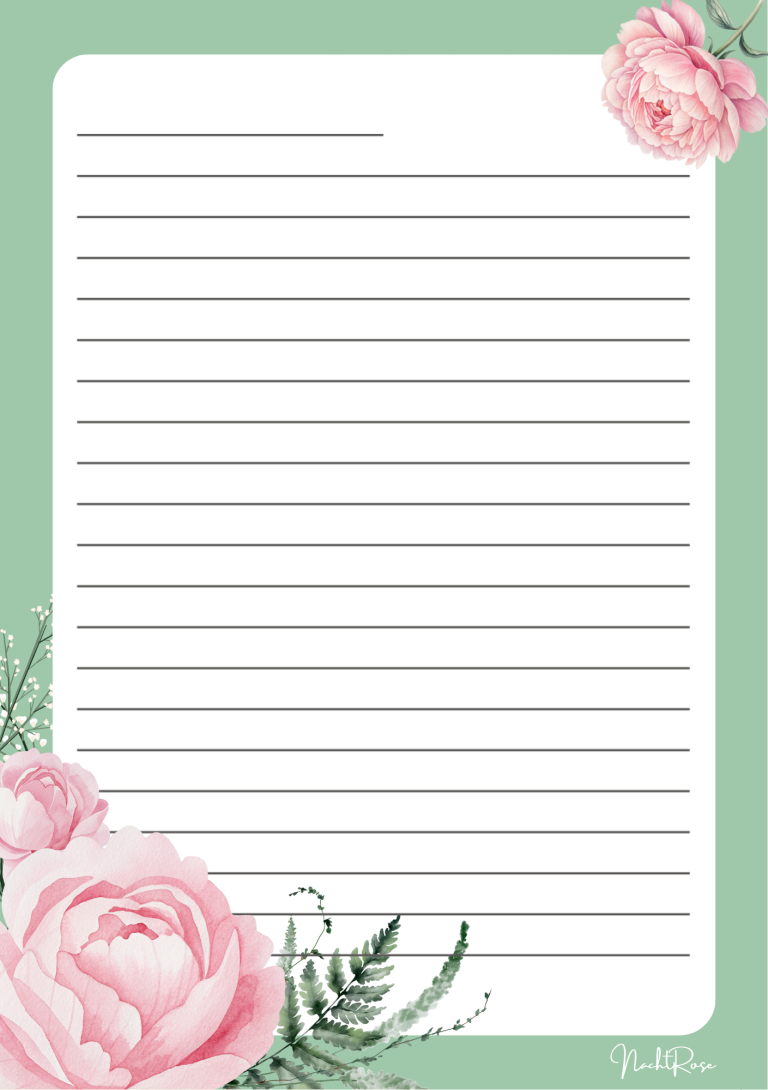 Pfingstrosen - Notizblock Brief mit rosa Blumen und Linien auf einem grünen Hintergrund.