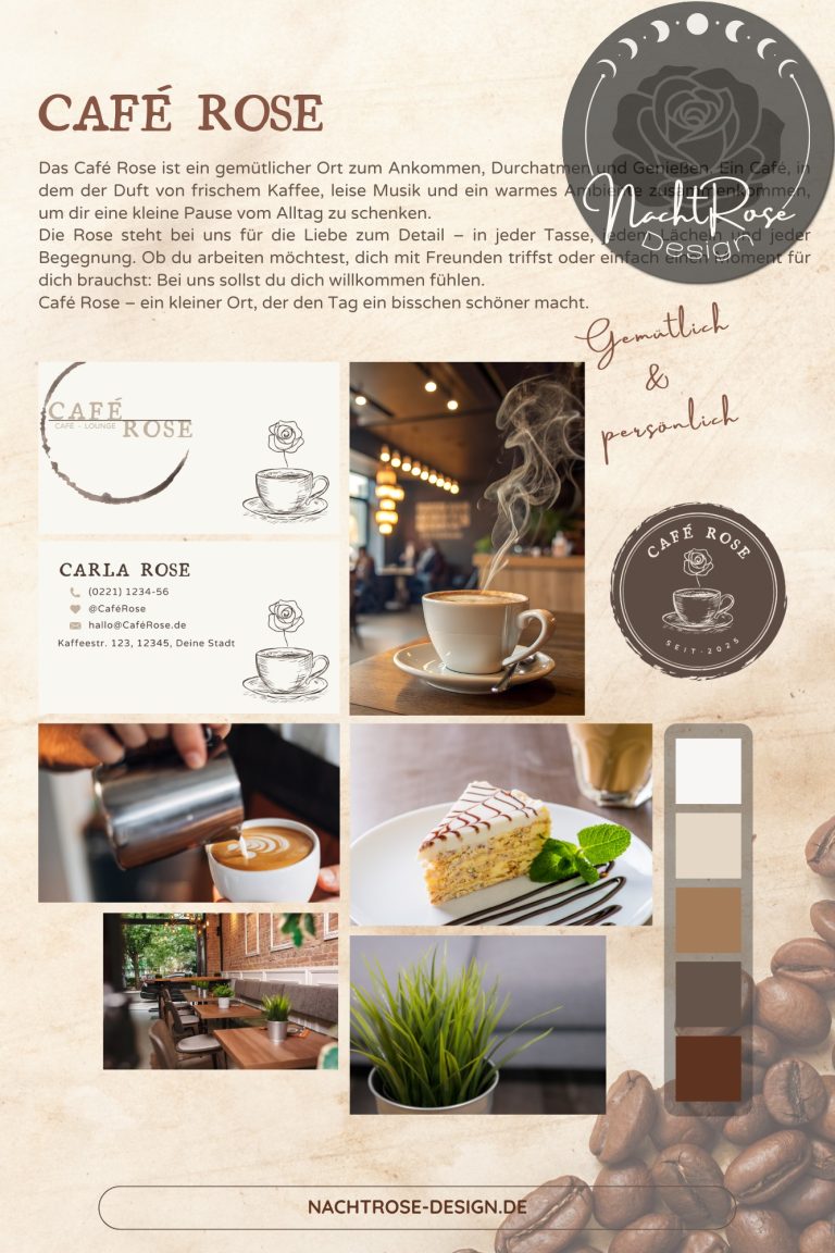 Konzept Art | Fantasie Firma Menü für Café Rose mit Kaffeetasse, Notizen und Farbpalette in erdigen Tönen.