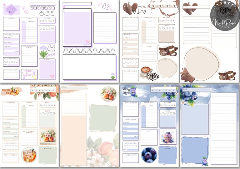 Tagesplaner in verschiedenen Design Verschiedene Designs für Notizblätter und Planer in sanften Farben.