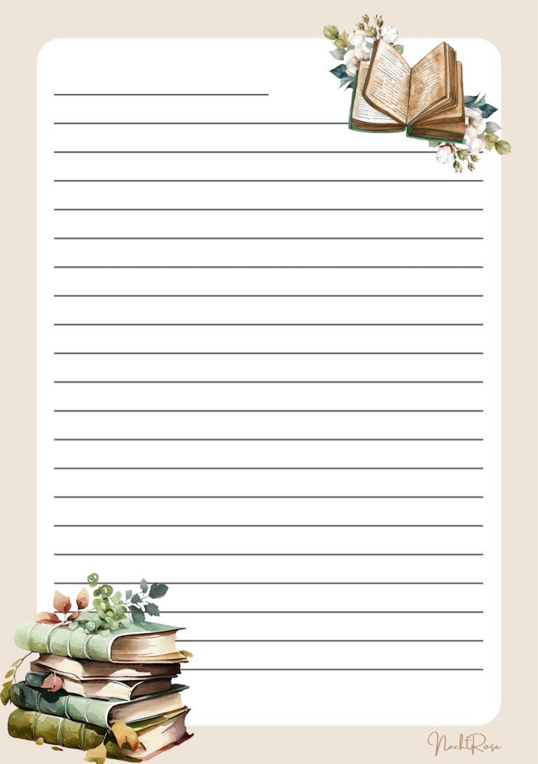 Notizblock - Antik Notizblatt mit dekorativen Buchmotiven oben und unten.