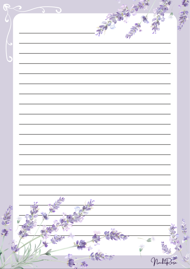 Lavendel - Notizblock Lila Notizblatt mit Lavendelblüten am Rand und Linien zum Schreiben.