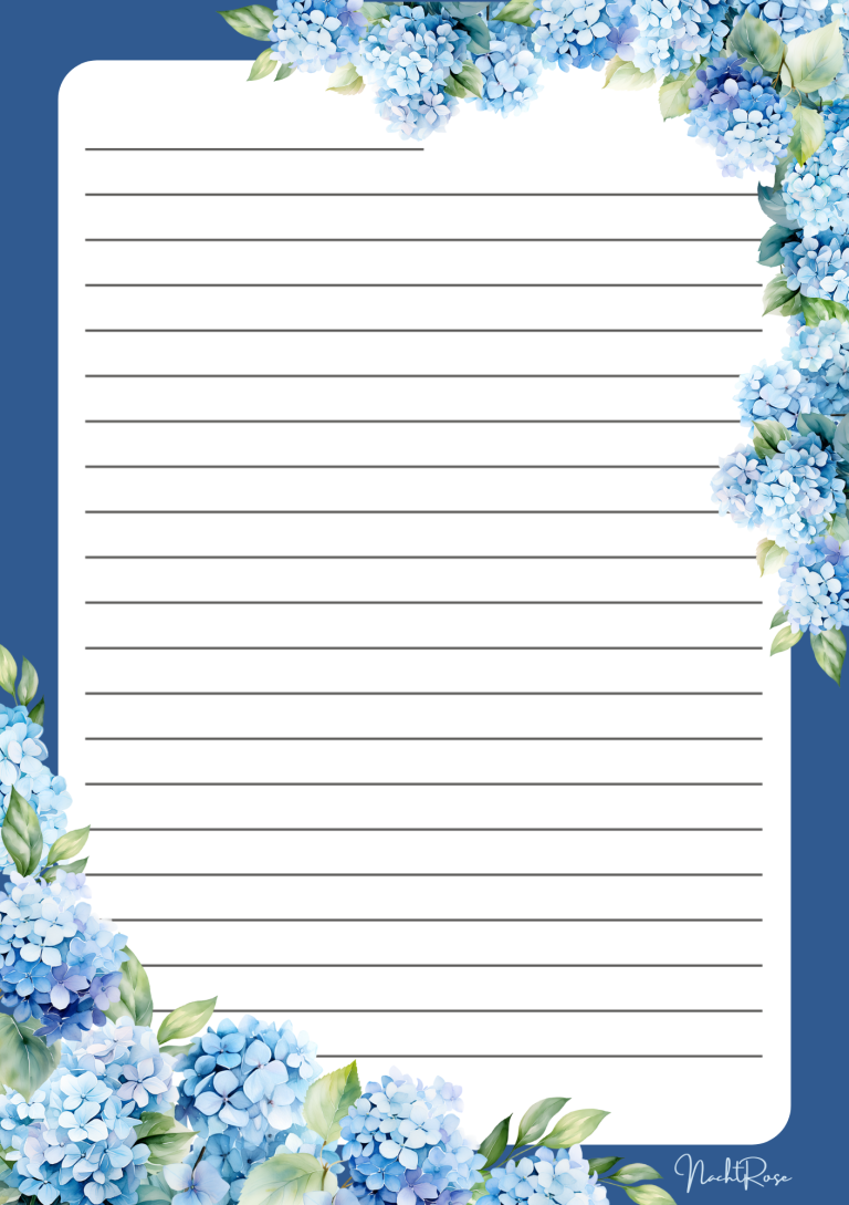 Hortensien - Notizblock Liniertes Blatt mit blauem Hintergrund und blauen Blumenrändern.