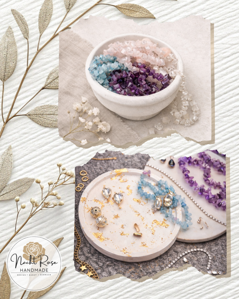 Erste Lieferung Schale mit bunten Edelsteinen und Schmuckstücken auf einem strukturierten Hintergrund.