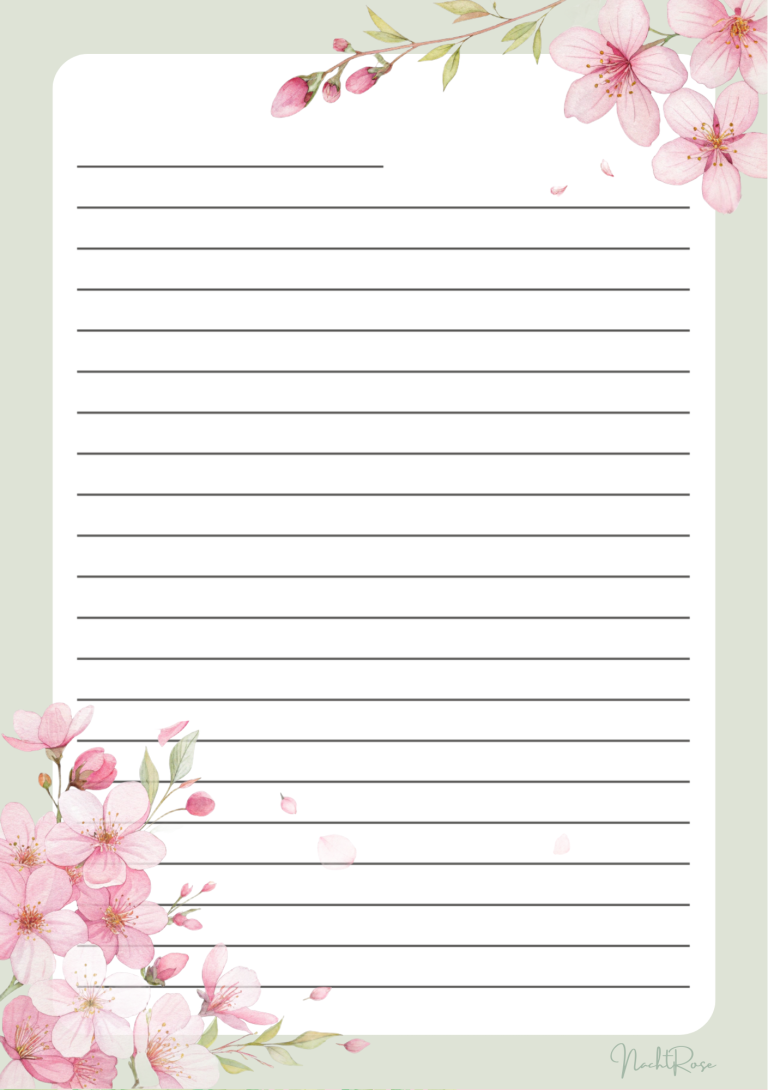 Notizblock Design - Sakura Linienblatt mit blühenden Kirschblüten in den Ecken.