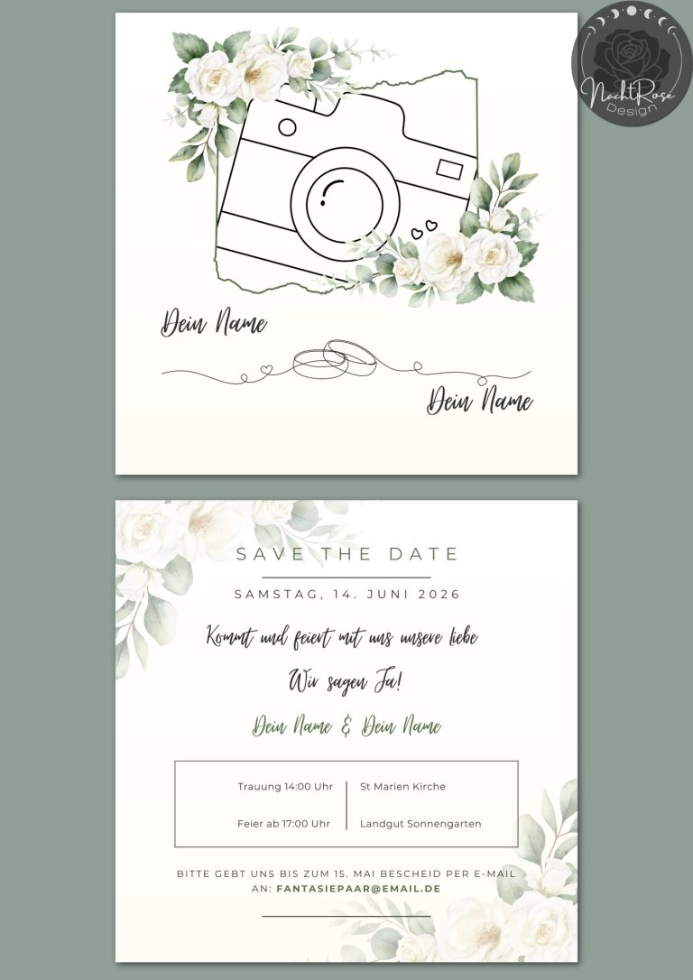 Hochzeitseinladung - Design Hochzeitskarte mit Kamera, Blumen und Platz für Namen und Daten der Veranstaltung.