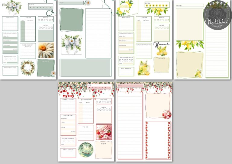 Tagesplaner in verschiedenen Design - Teil 2 Bunt gestaltete Notizblätter mit botanischen Illustrationen und verschiedenen Layouts.