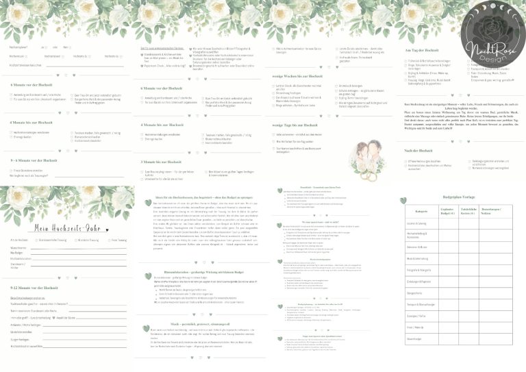 Dein Weddingplanner - 1 Jahr Planung Blatt mit floralen Motiven, Kursinformationen und einer Übersicht über Programminhalte.